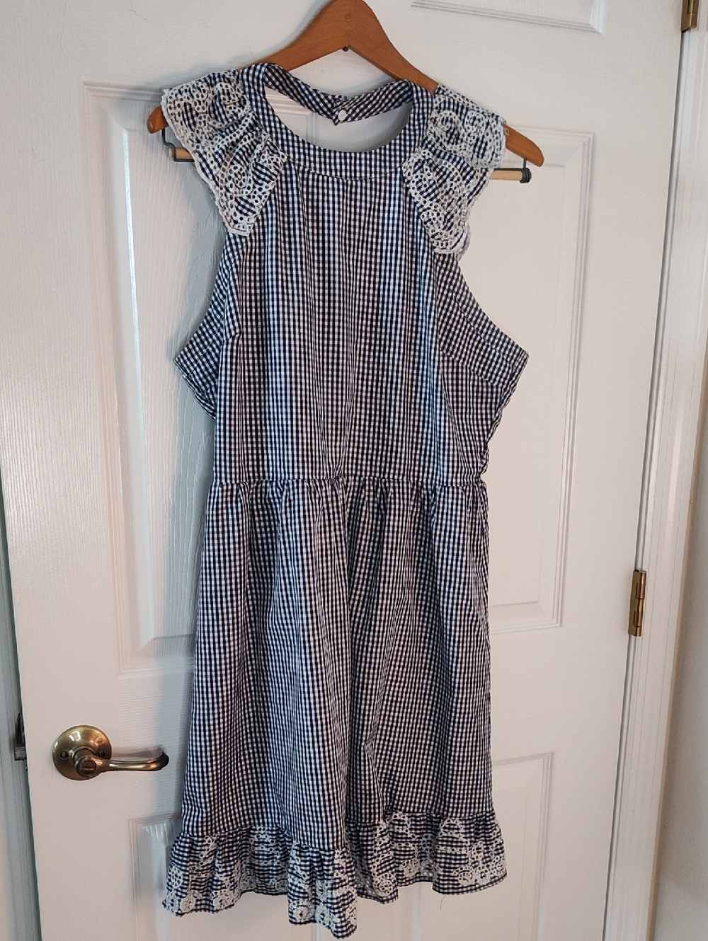 Copper Key Navy & White Gingham Dress with Crochet Detail